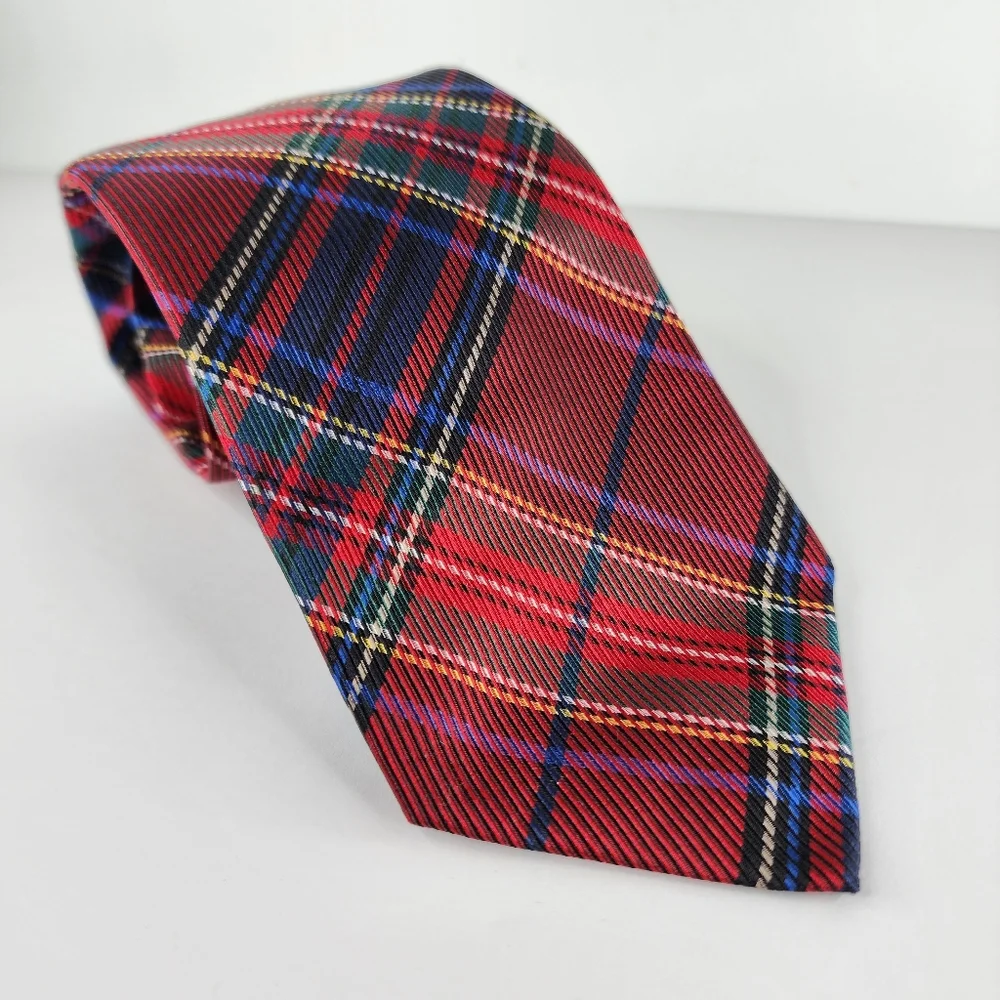 PAUL FREDRICK  Red Plaid Seven Fold Silk Tie.